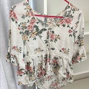 Maurices White and Pink Tie Front Ruffled Blouse